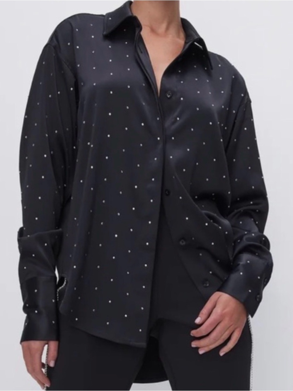 Good American Black Satin Button-Up Blouse with White Dot Embellishments
